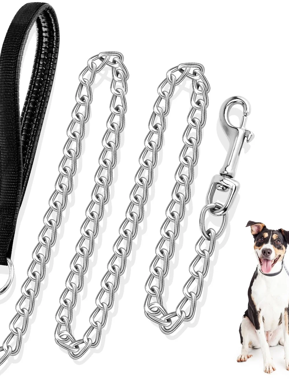 Black Leather and Silver Chain Dog Leash